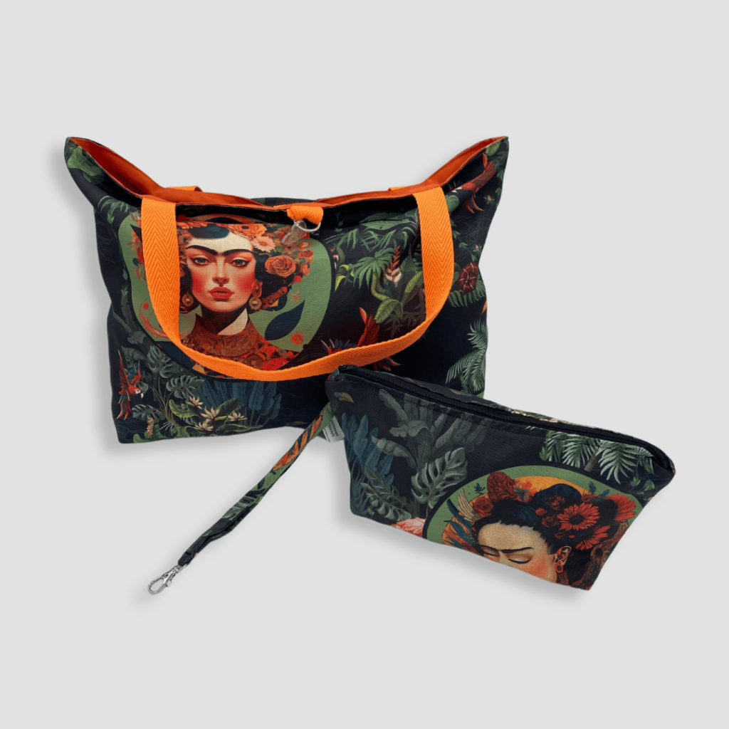 Bolso y neceser con estampado de Frida Kahlo y asas naranja